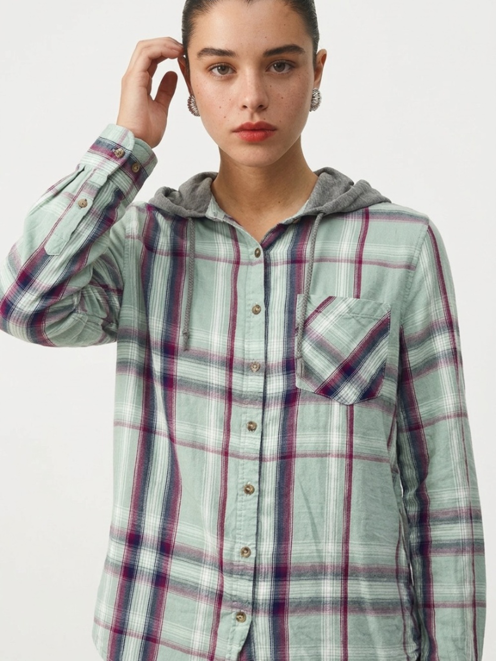 |•MUDD•| Plaid Hooded Button Front Shirt Jacket Mint Green Purple Women’s Size L